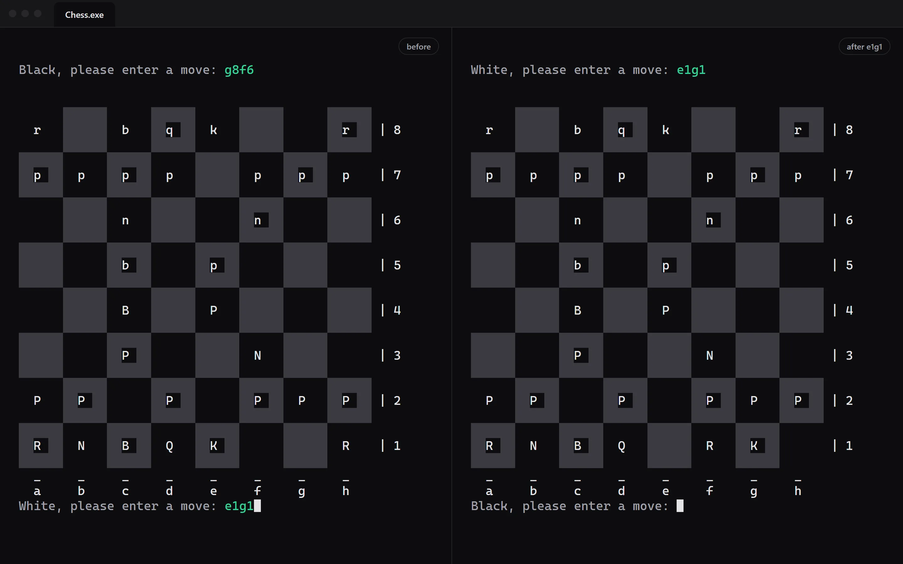 Castling: White types e1g1, and the king and rook land on g1 and f1