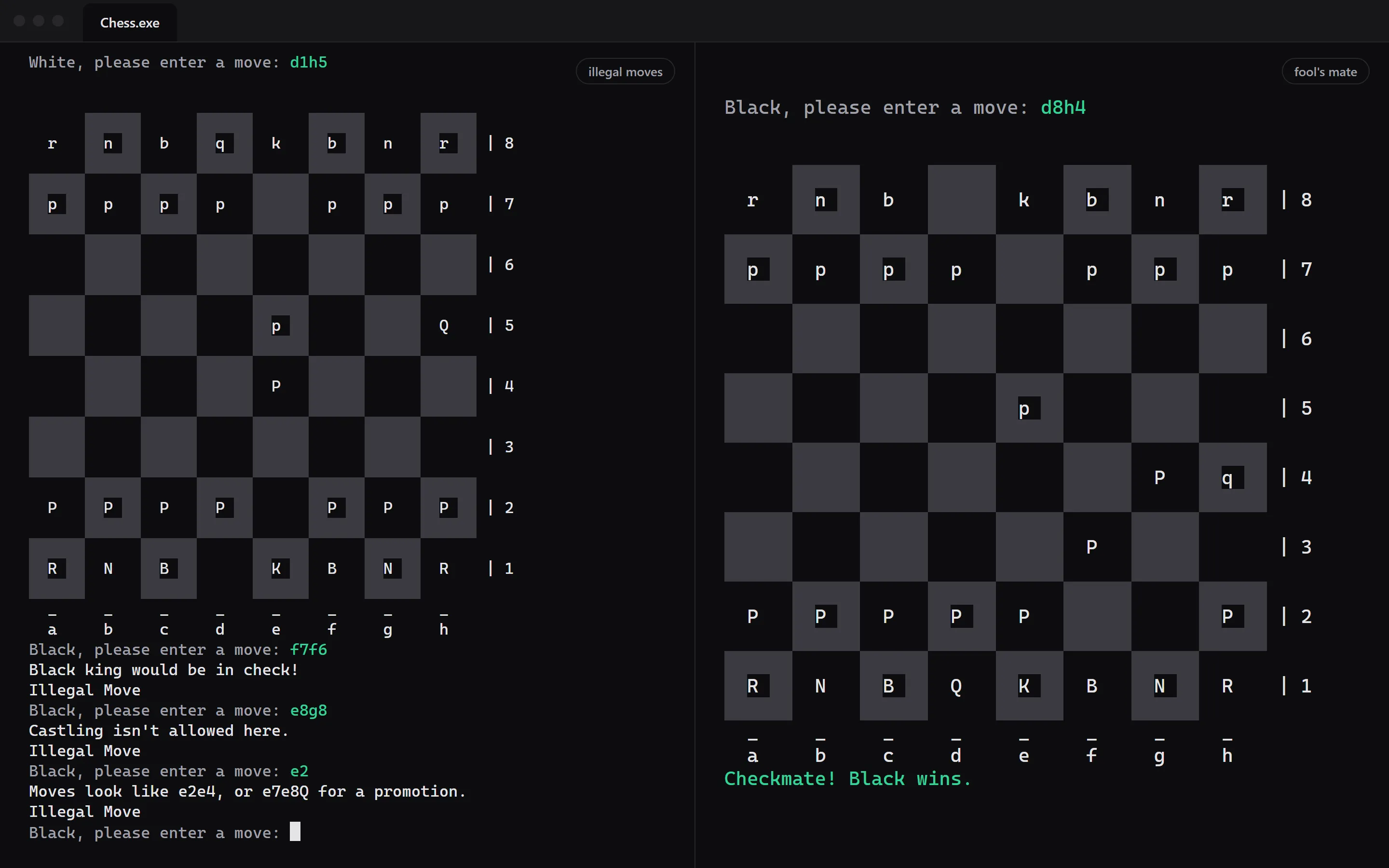Illegal moves explained on the left, and fool’s mate ending the game on the right