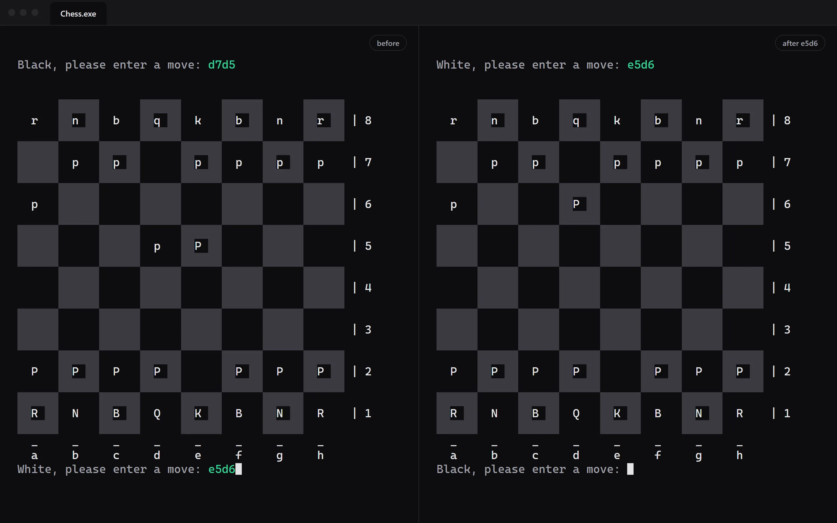 En passant: White’s e5 pawn captures on d6 and Black’s d5 pawn disappears
